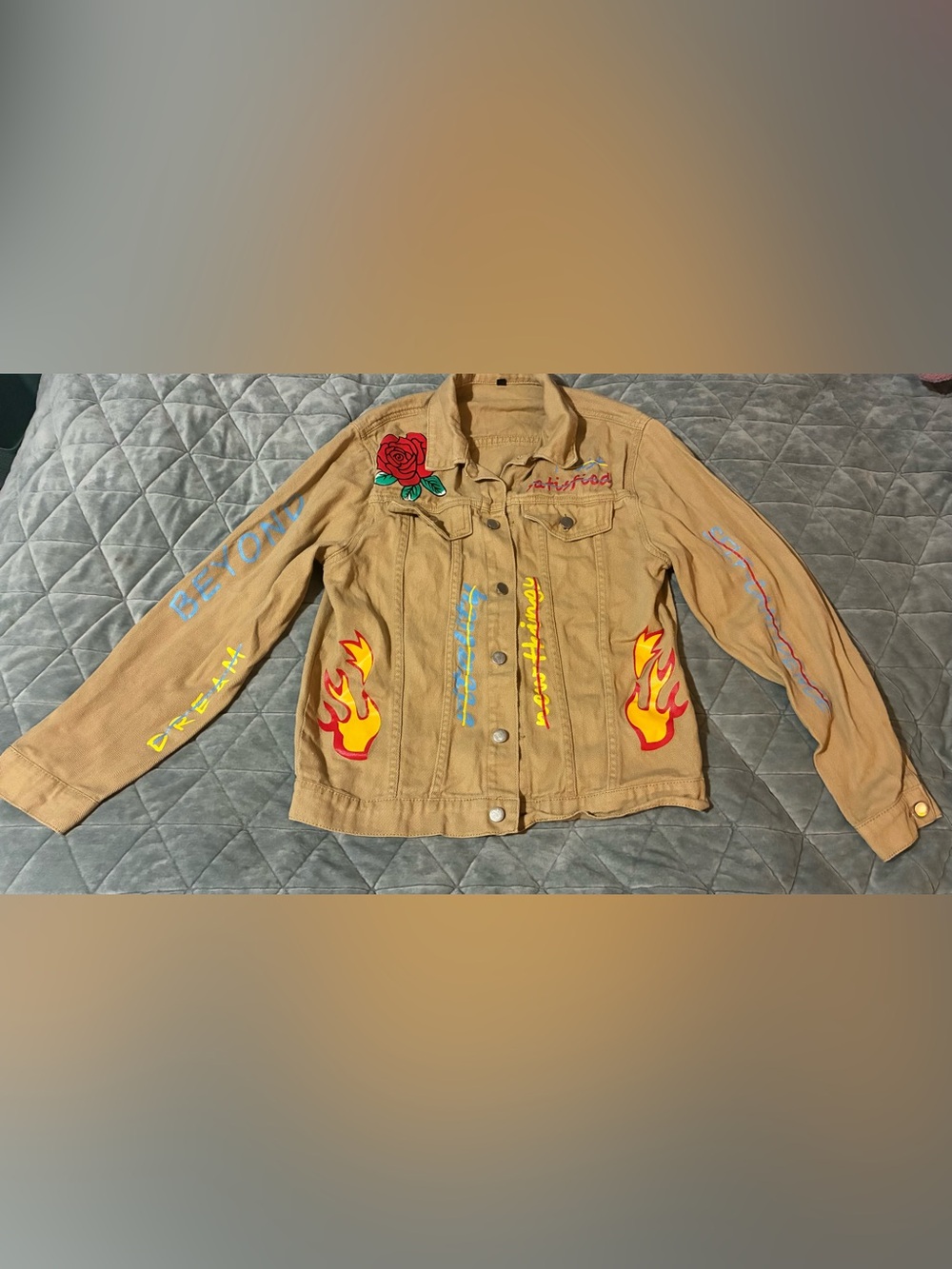 Tan Embroidered Flame & Rose Denim Jacket - Men’s